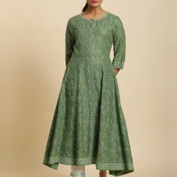 W Green Printed Fit & Flare Kurta image 1