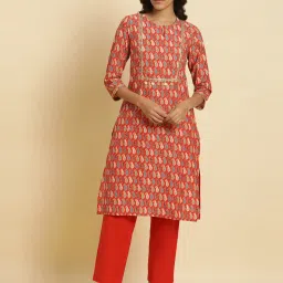 W Orange Printed Straight Kurta image 1