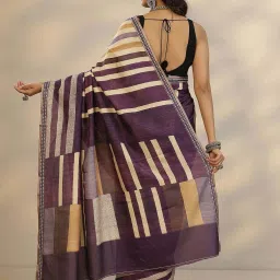 Libas Purple Striped Saree With Unstitched Blouse image 3
