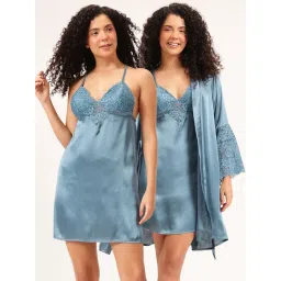 Clovia Satin Padded Babydoll with Short Robe with Tie-Up Belt image 1