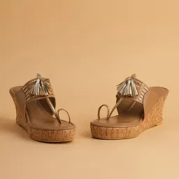 Eridani Women's Arohi Beige Toe Ring Wedges image 1