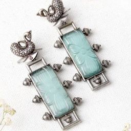 Teejh Samaira Silver Oxidized Green Stone Dangler Earrings-picture-25