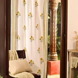 Peepul Tree White & Mustard Pure Cotton Marigold Collection Sheer Curtain image 3