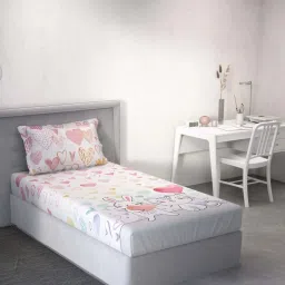 DDecor Hearts Conversational Pink Cotton 136 TC Single Bedsheet With 1 Pillow Cover image 1