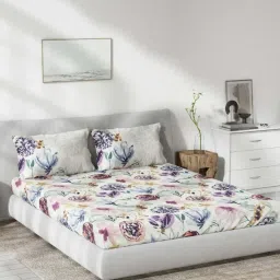 DDecor Summer Blooms Purple Cotton 136 TC Double Bedsheet With 2 Pillow Covers image 1