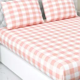 Haus & Kinder Pink & White 186 TC Cotton Fitted Bedsheet with 2 Pillow Covers-picture-23