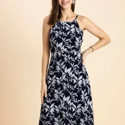 Moomaya Navy & White Printed A Line Dress image 1