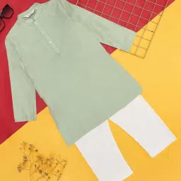 Indus Route by Pantaloons Kids Green & White Regular Fit Full Sleeves Kurta Set image 1