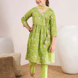 Pspeaches Girls Green Cotton Regular Fit Printed Kurta Set-picture-15