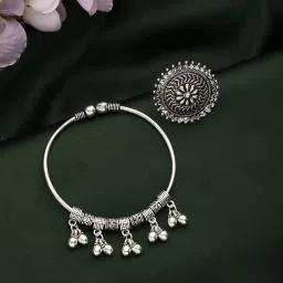 Aatmana Oxidized Silver-Plated & Ghungroo Beaded Bracelet with Textured Ring image 1