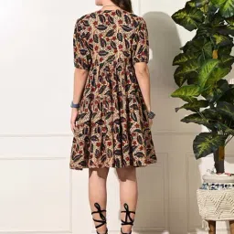DECKEDUP Cream Floral Printed A-Line Dress image 2