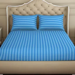 Spaces Stripes Blue Cotton Double Bedsheet with 2 Pillow Covers image 1