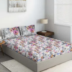 DDecor Primary Floral Pink & Blue 136 TC Cotton Double Bedsheet with 2 Pillow Covers image 1