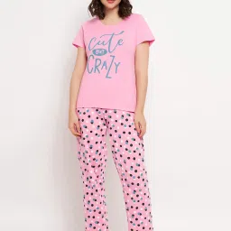 Clovia Pink Cotton Printed Top With Pyjamas image 1