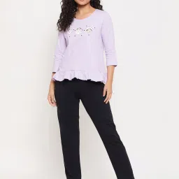 Clovia Purple Cotton Printed Top With Pyjamas image 1