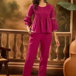 Sangria Round Neck Pure Cotton Top & Trousers-image-9