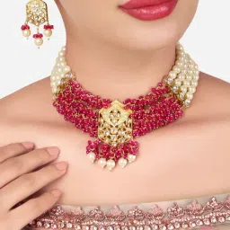 Zaveri Pearls Pink Cluster Beaded Multistrand Kundan Necklace & Earring Set-ZPFK16090-image-47