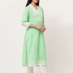 savi india Savi Green Cotton Straight Embroidered Kurta kurtis image 3