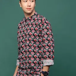 showoffff Showoff Black Cotton Slim Fit Floral Print Shirt image 3