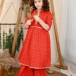 LilPicks Kids Red Printed Kurta with Sharara image 3