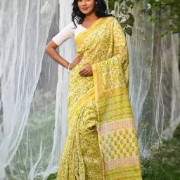 Unnati Silks Yellow Printed Saree With Unstitched Blouse-image-18