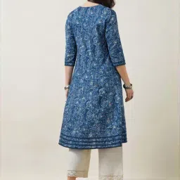Soch Blue Cotton Printed A Line Kurta image 2