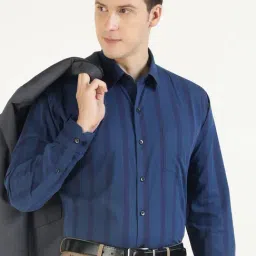 Hancock Navy Cotton Slim Fit Striped Shirt-image-10