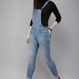 Roadster Women Blue Skinny Fit Washed Light Fade Denim Dungarees-picture-29