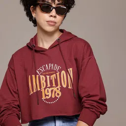 Roadster Women Printed Hooded Crop Sweatshirt-image-5
