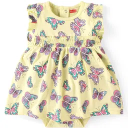 Babyhug 100% Cotton Knit Frill Sleeves Butterfly Printed Frock Style Onesie - Green-image-10