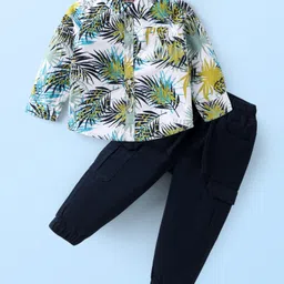 Babyhug Cotton Woven Full Sleeves Tropical Theme Printed Shirt & Joggers Set - Navy Blue & White-picture-19