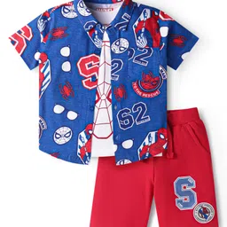 Babyhug Marvel Single Jersey Knit Half Sleeves Spider Man Printed Shirt T-Shirt & Shorts Set - Blue Red & White-image-17