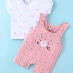 ToffyHouse Cotton Knit Half Sleeves Dungaree Style Romper & T-Shirt with Cat Print & Polka Dot - Pink & White-image-84