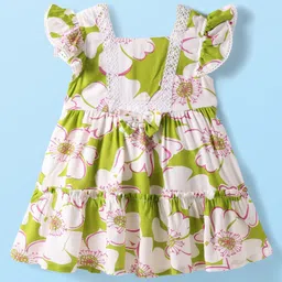 Babyhug Single Jersey Knit Frill Sleeves Dress With Floral Print & Lace Detailing - Green-picture-11