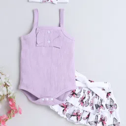 BUMZEE Cotton Knit Sleeveless Ribbed Solid Onesie & Skirt With Butterfly Print & Headband - Lavender-picture-14