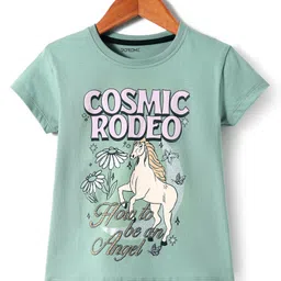 Doreme Single Jersey Knit Half Sleeves T-Shirt With Cosmic Rodeo Text Print - Mint image 1