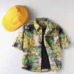 Rikidoos Full Sleeves Leaves Printed Shirt With Attached Tee & Cap - Multi Colour & Dark Grey image 1