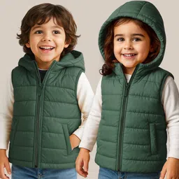 Babyhug Woven Sleeveless Solid Color Padded Hooded Jacket - Olive Green-picture-18