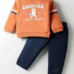 ToffyHouse Fleece Knit Full Sleeves Winter Wear Suit Set with Animal Champion Print - Orange-picture-23