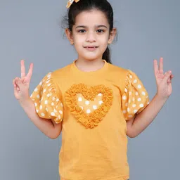 PinkChick Cotton Woven Half Puffed Sleeves Heart Designed Tee With Bow Applique Detailed Hair Clip -Yellow-image-13