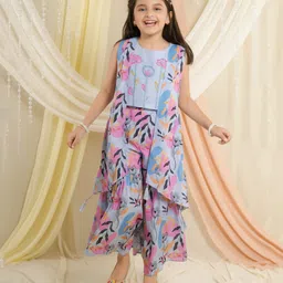 Ministitch Cotton Woven Sleeveless Floral Embroidered Top With Sharara Set - Sky Blue-picture-12