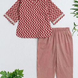 The Magic Wand Cotton Woven Three Fourth Sleeves Chevron Printed Lace Detailed Top & Pant Set - Maroon-picture-38