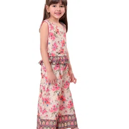 Babyhug Woven Schiffly Sleeveless Floral Printed Crop Top & Palazzo Set with Frill Detailing - Pink image 2