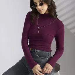 SHOWOFF Women Purple Solid Cotton Blend Tops-image-7