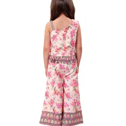 Babyhug Woven Schiffly Sleeveless Floral Printed Crop Top & Palazzo Set with Frill Detailing - Pink image 3