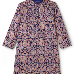 EARTHY TOUCH Single Jersey Knit Full Sleeves Kurta Pajama Set With Floral Foil Print - Navy Blue image 3