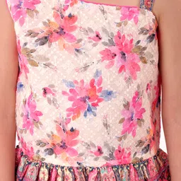 Babyhug Woven Schiffly Sleeveless Floral Printed Crop Top & Palazzo Set with Frill Detailing - Pink image 4