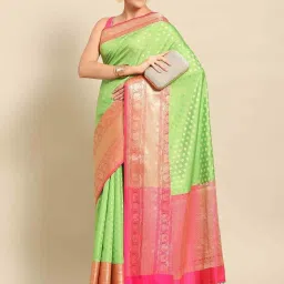 Silk Land Parrot Green & Pink Woven Saree With Unstitched Blouse image 1