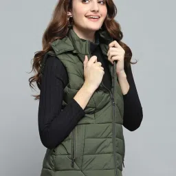 Monte Carlo Women's Olive Solid Detachable Hood Sleeveless Jacket image 3