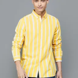 Fame Forever by Lifestyle Yellow Cotton Slim Fit Striped Shirt image 3